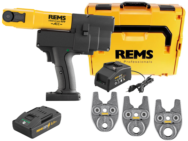 Pressatrice radiale REMS Mini-Press 22V ACC in set con batteria, caricabatterie e 3 ganasce TH