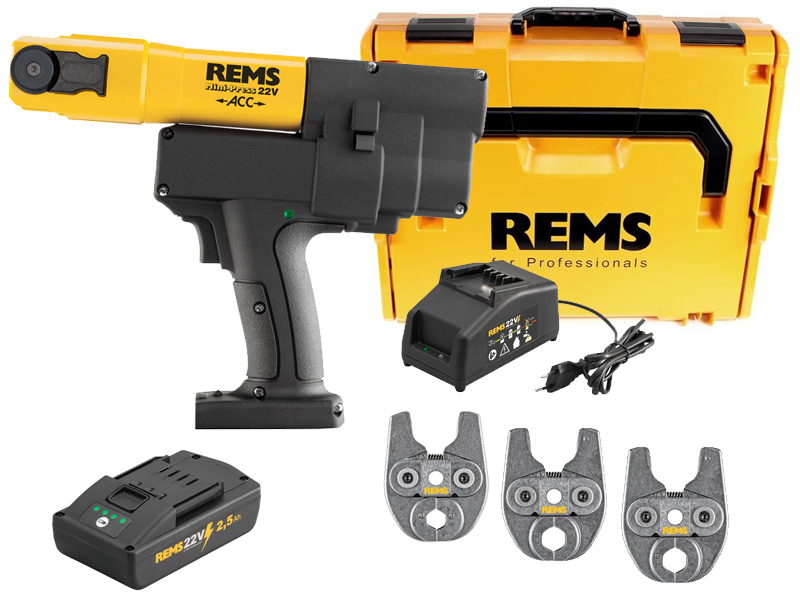Pressatrice radiale REMS Mini-Press 22V ACC in set con batteria, caricabatterie e 3 ganasce V
