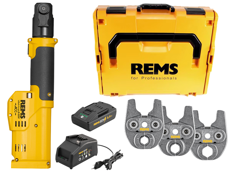 Pressatrice radiale REMS Mini-Press S 22V ACC in set con batteria, caricabatterie e 3 ganasce M