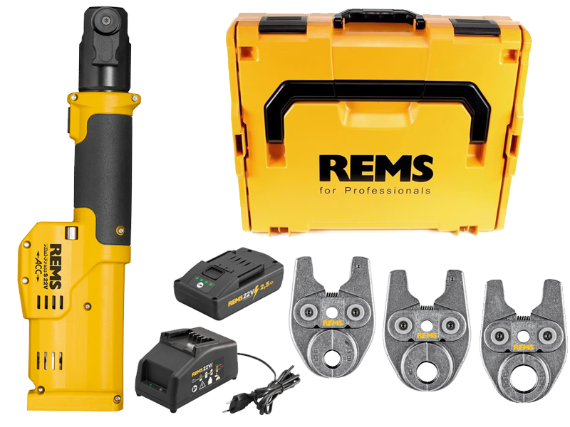 Pressatrice radiale REMS Mini-Press S 22V ACC in set con batteria, caricabatterie e 3 ganasce TH