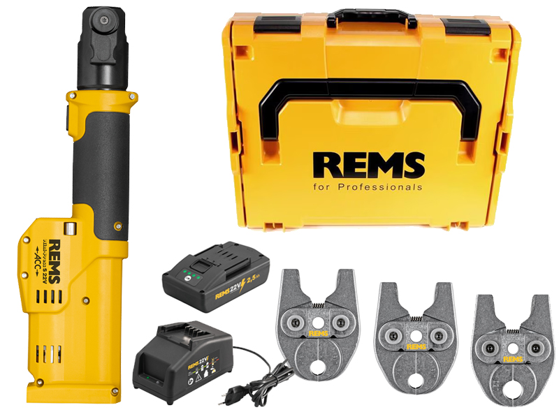 Pressatrice radiale REMS Mini-Press S 22V ACC in set con batteria, caricabatterie e 3 ganasce U