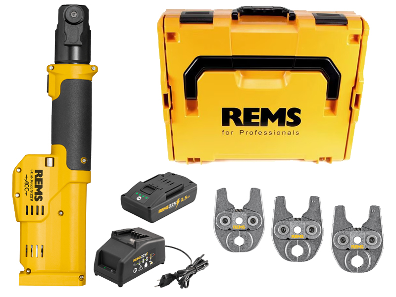 Pressatrice radiale REMS Mini-Press S 22V ACC in set con batteria, caricabatterie e 3 ganasce V