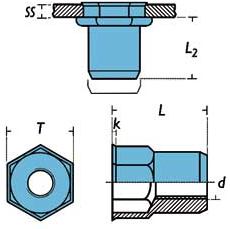 Schema tecnico inserto filettato in acciaio inox Rivsert IREP/A2 Rivit