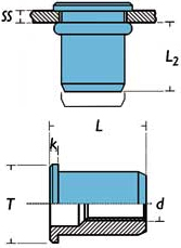 Schema tecnico inserto filettato in acciaio inox Rivsert ITC/A2 Rivit