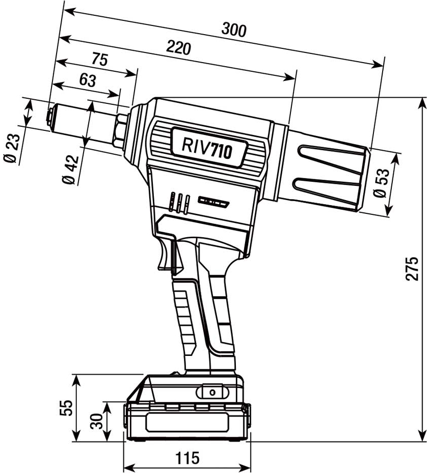 Schema tecnico rivettatrice a batteria RIV 710