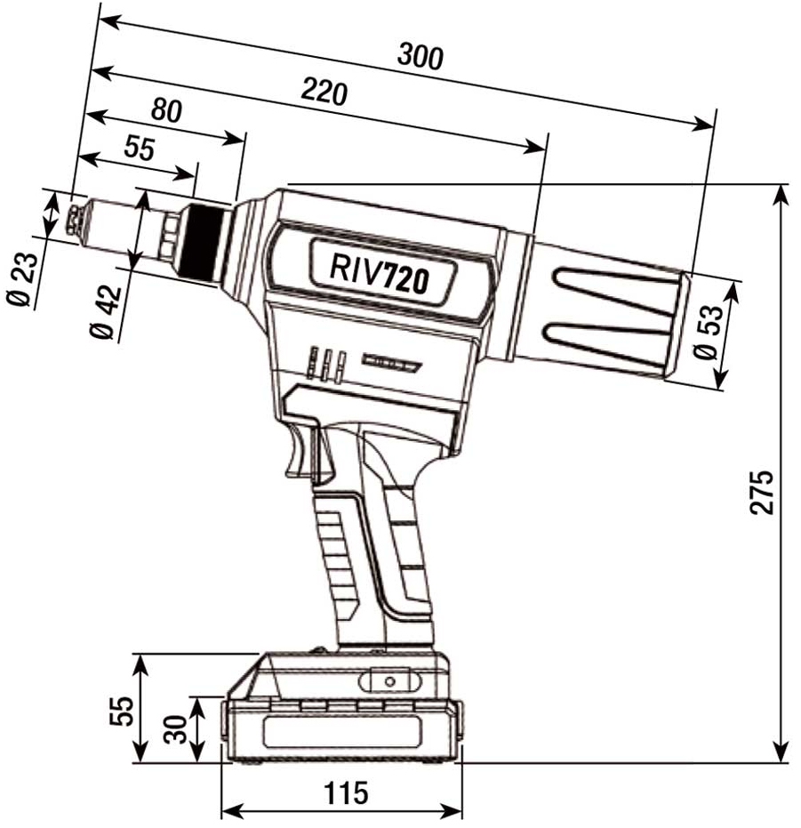 Schema tecnico rivettatrice a batteria RIV 720