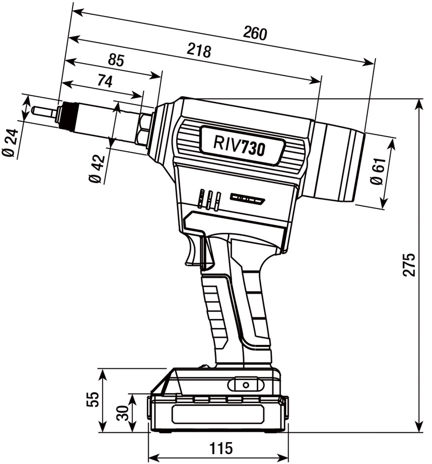 Schema tecnico rivettatrice a batteria RIV 730