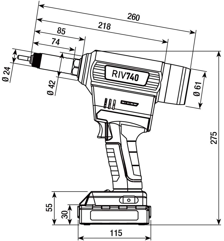 Schema tecnico rivettatrice a batteria RIV 740