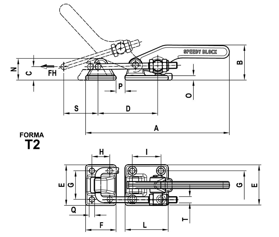 scheda tecnica e misure Bloccaggio serie orizzontale con tirante Speedy Block T2