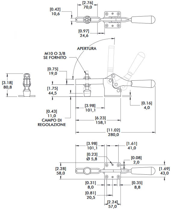 schema tecnico bloccaggio rapido orizzontale 237-U Destaco