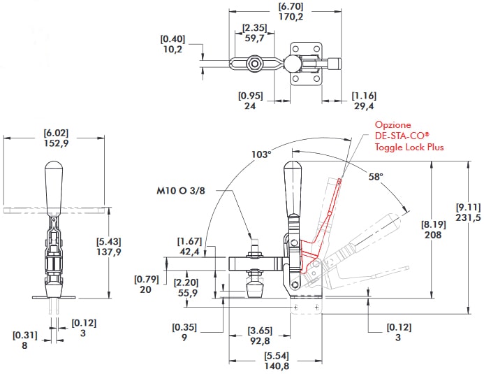 schema tecnico bloccaggio rapido verticale 210-U Destaco