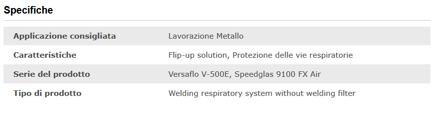 Specifiche tecniche maschera saldatura Speedglas