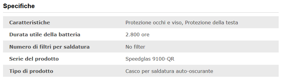 Specifiche tecniche maschera saldatura Speedglas