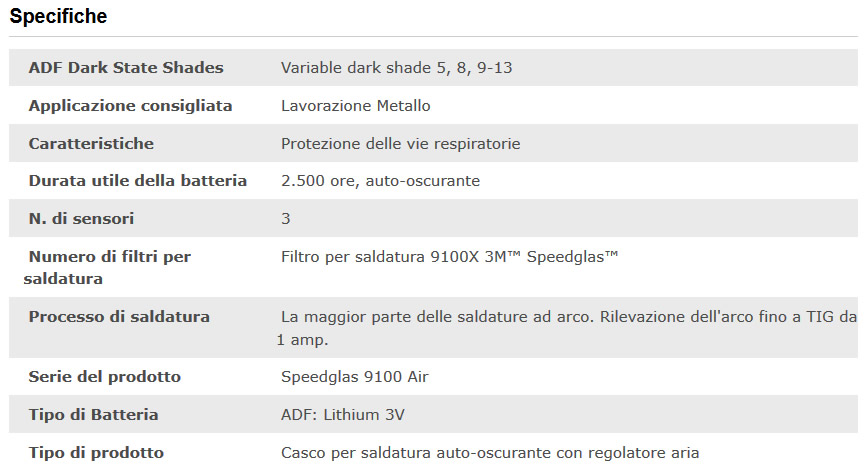 Specifiche tecniche maschera saldatura Speedglas