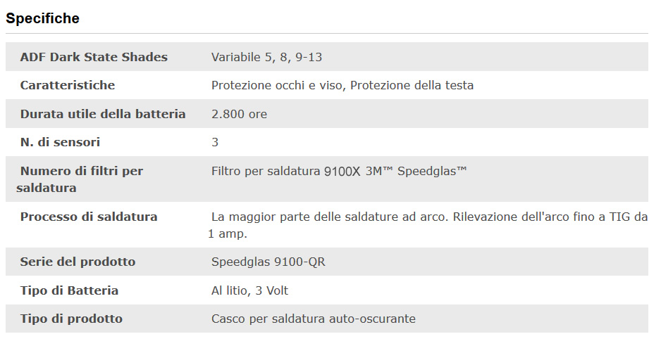 Specifiche tecniche maschera saldatura Speedglas