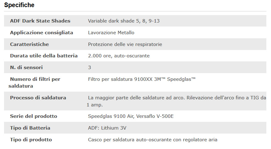 Specifiche tecniche maschera saldatura Speedglas