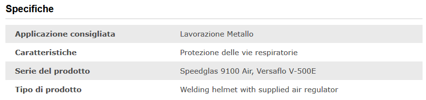 Specifiche tecniche maschera saldatura Speedglas