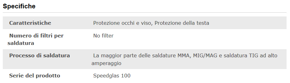 Specifiche tecniche maschera saldatura Speedglas