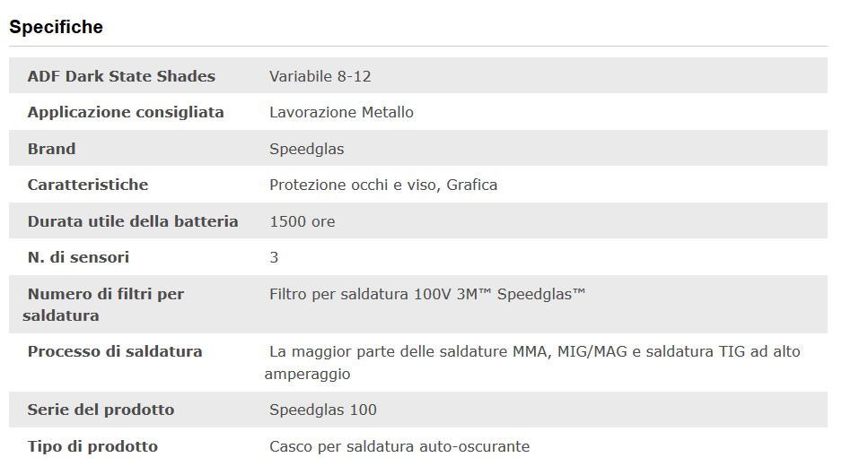 Specifiche tecniche maschera saldatura Speedglas