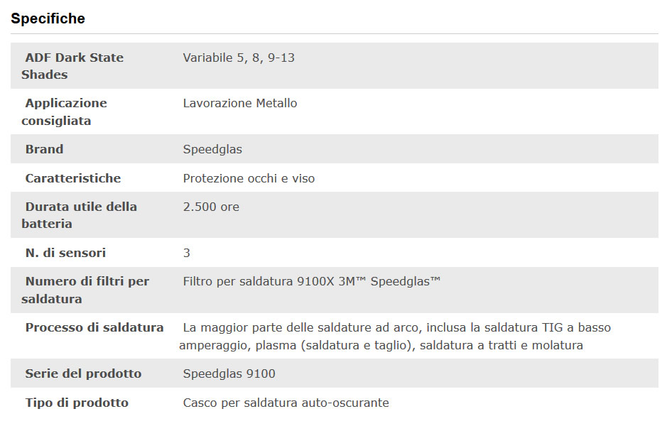 Specifiche tecniche maschera saldatura Speedglas