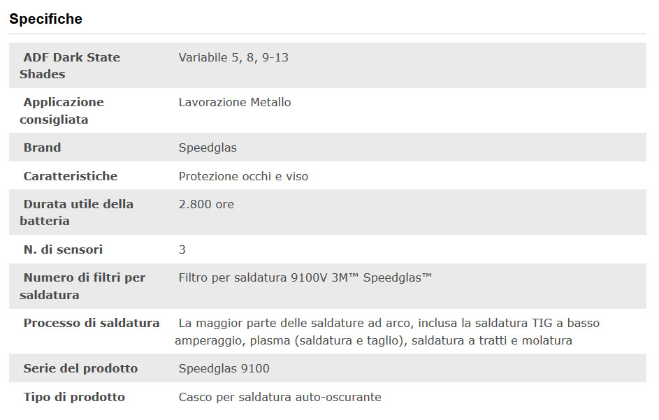 Specifiche tecniche maschera saldatura Speedglas