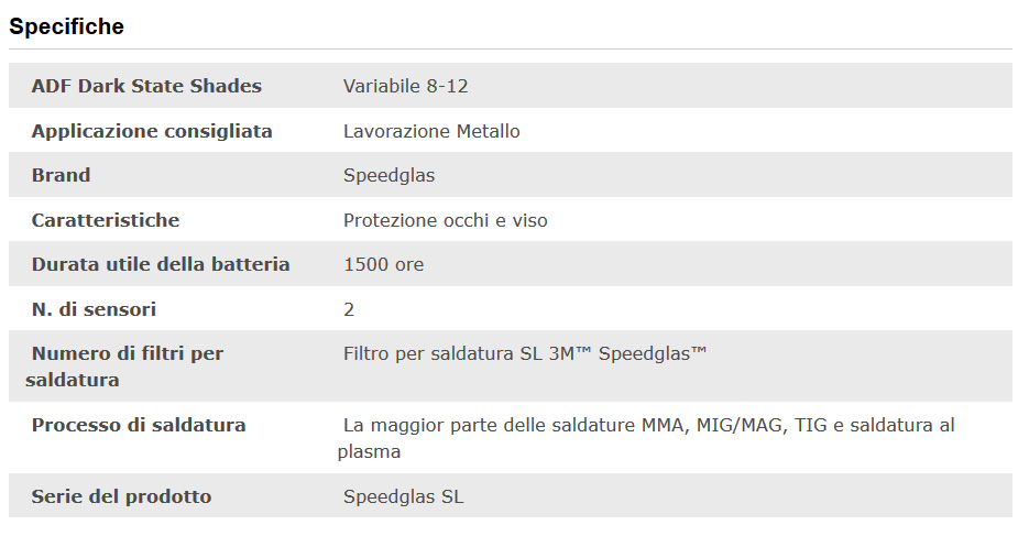 Specifiche tecniche maschera saldatura Speedglas