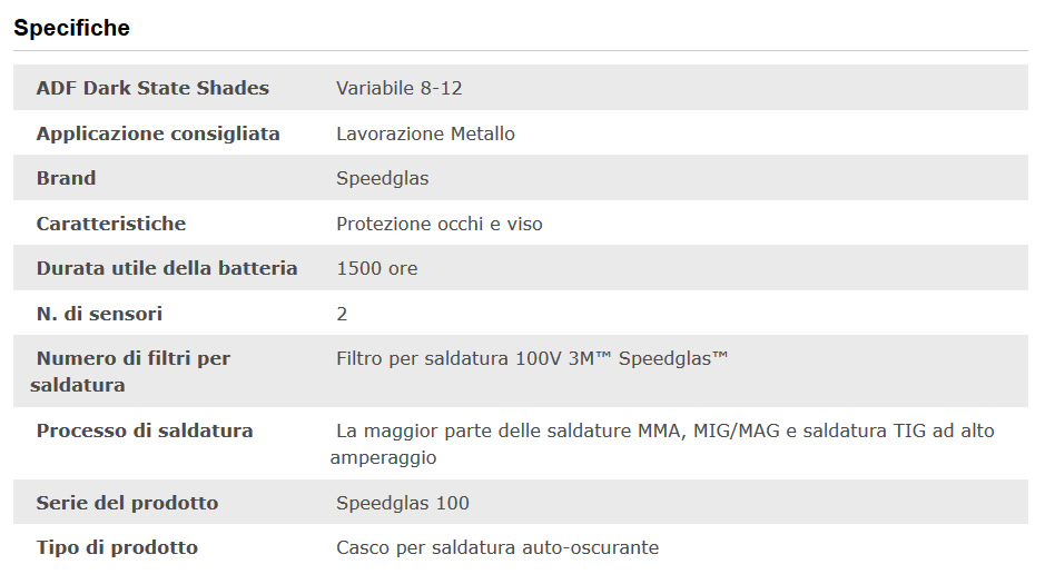 Specifiche tecniche maschera saldatura Speedglas