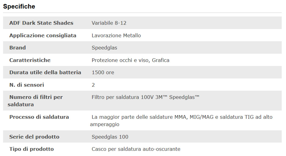 Specifiche tecniche maschera saldatura Speedglas