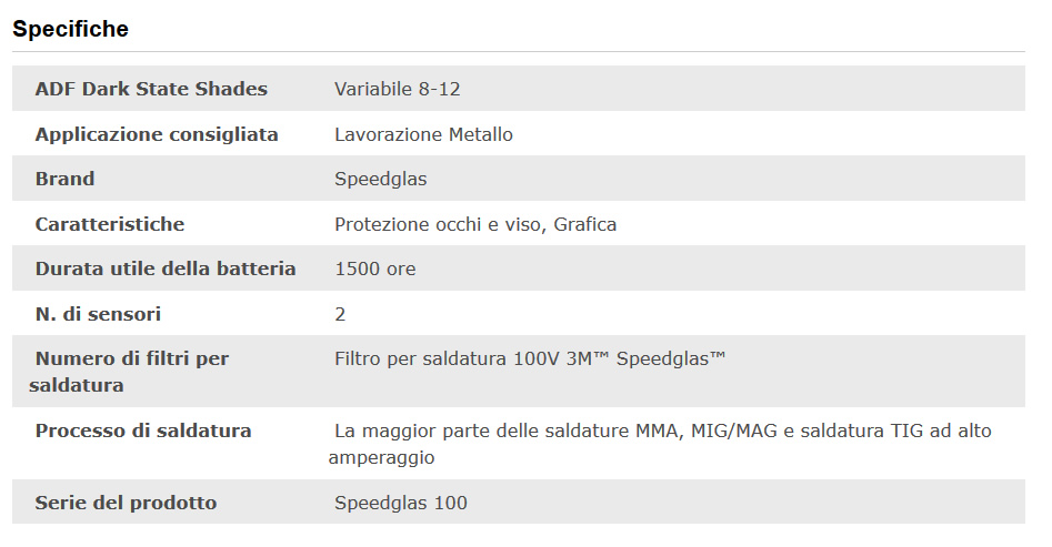 Specifiche tecniche maschera saldatura Speedglas