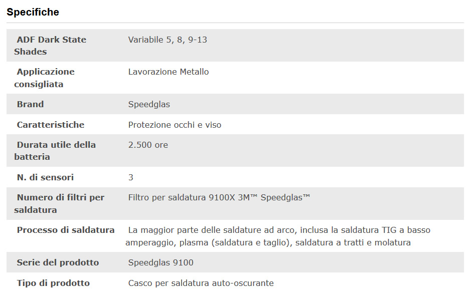 Specifiche tecniche maschera saldatura Speedglas